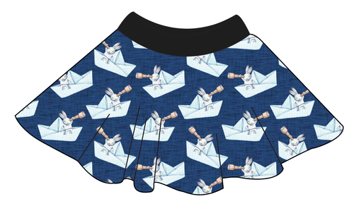 Blue Paper Boat Bunnies Circle Skirt