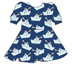 Blue Paper Boat Bunnies Prairie Dress