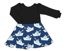 Load image into Gallery viewer, Blue Paper Boat Bunnies Prairie Dress