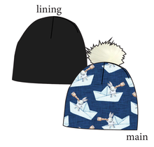 Load image into Gallery viewer, Blue Paper Boat Bunnies Slouchy Beanie (Reversible!)