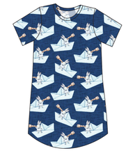 Load image into Gallery viewer, Blue Paper Boat Bunnies Ladies&#39; T-Shirt Dress