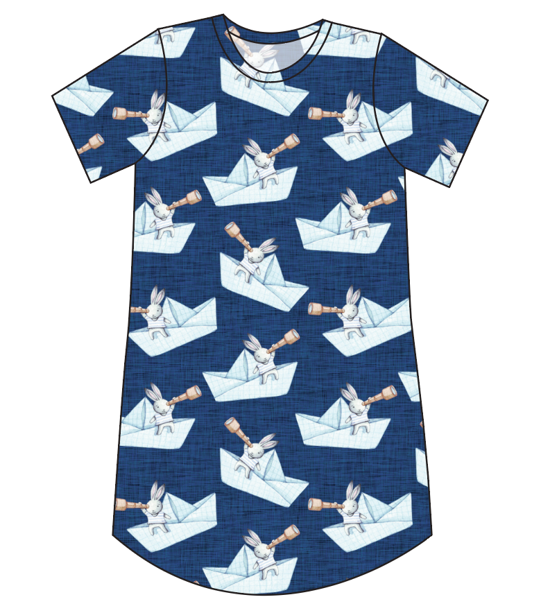 Blue Paper Boat Bunnies Ladies' T-Shirt Dress