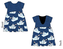 Load image into Gallery viewer, Blue Paper Boat Bunnies Low Back Dress