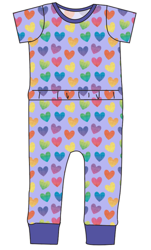Rainbow Linen Hearts Bennett Pants and Shorts Length T-Shirt Romper
