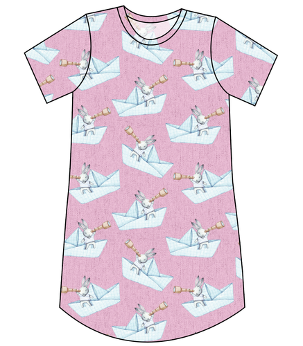 Rose Paper Boat Bunnies Ladies' T-Shirt Dress