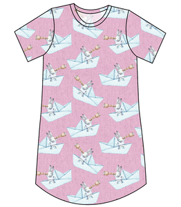 Rose Paper Boat Bunnies Ladies' T-Shirt Dress