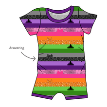 Load image into Gallery viewer, Spooky Meow Stripes Grow With Me Pants And Shorts Romper