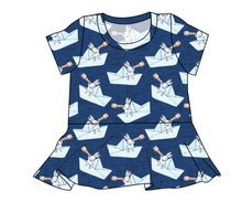 Load image into Gallery viewer, Blue Paper Boat Bunnies Ladies&#39; Peplum Top