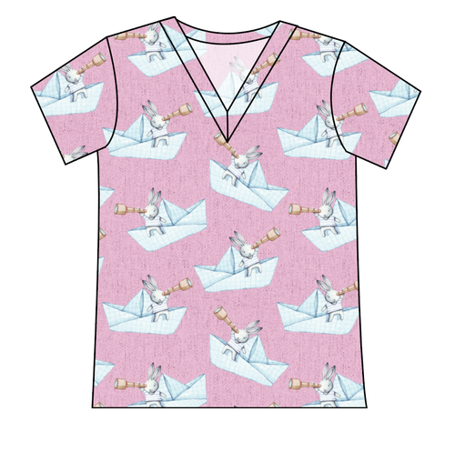 Rose Paper Boat Bunnies Ladies' Slouchy V-Neck Tee