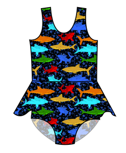 Bright Sharks Swim Skirted One Piece Swim Suit