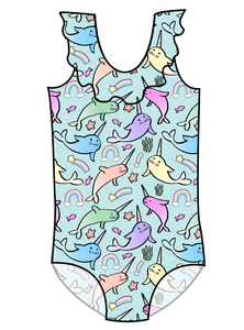 Pastel Narwhals Swim Ruffle Neck One Piece Swim Suit