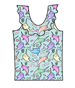 Pastel Narwhals Swim Ruffle Neck Swim Top