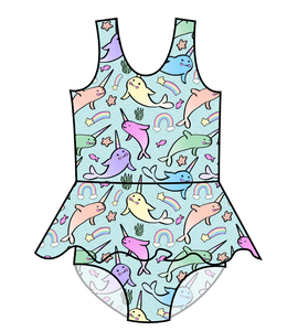 Pastel Narwhals Swim Skirted One Piece Swim Suit