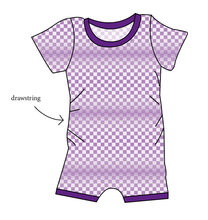 Load image into Gallery viewer, Purple Check Grow With Me Pants And Shorts Romper