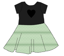 Load image into Gallery viewer, Green Check Molly Heart Back Twirly Dress