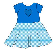 Load image into Gallery viewer, Blue Check Molly Heart Back Twirly Dress