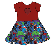 Load image into Gallery viewer, Superhero Smash Molly Heart Back Twirly Dress