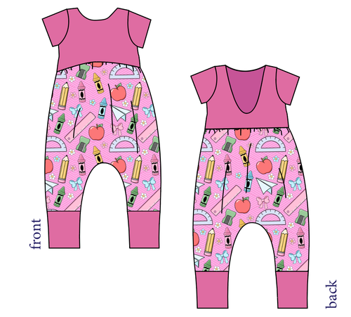 Cupcake School Supplies Low Back Romper and Bubble Romper