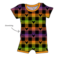 Load image into Gallery viewer, Spooky Plaid Mouse Ears Grow With Me Pants And Shorts Romper