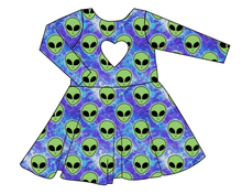 Load image into Gallery viewer, Green Aliens Molly Heart Back Twirly Dress
