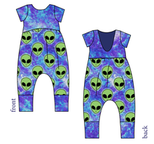 Load image into Gallery viewer, Green Aliens Low Back Romper and Bubble Romper