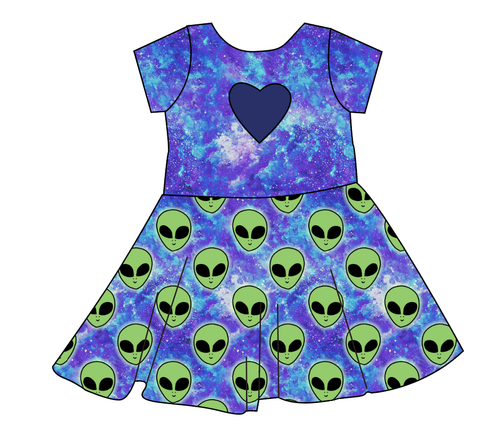 Green Aliens Molly Heart Back Twirly Dress