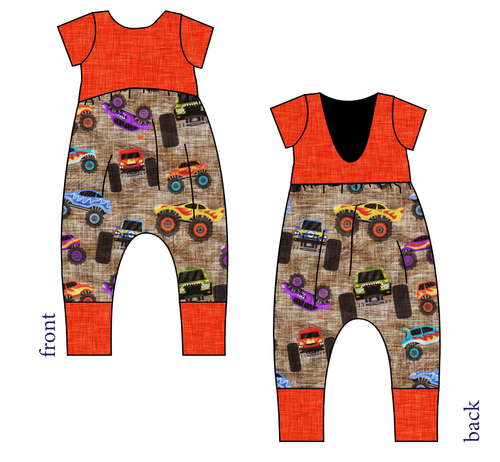 Monster Trucks Low Back Romper and Bubble Romper