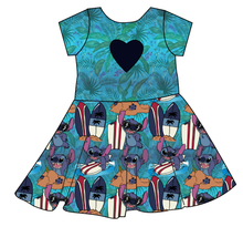 Load image into Gallery viewer, Surfing Alien Molly Heart Back Twirly Dress