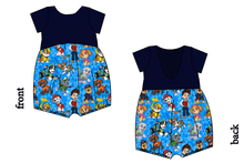 Load image into Gallery viewer, Blue Pup Boogie Low Back Romper and Bubble Romper