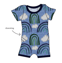 Load image into Gallery viewer, Soft Blue Rainbows Grow With Me Pants And Shorts Romper