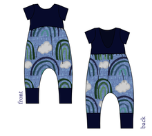 Load image into Gallery viewer, Soft Blue Rainbows Low Back Romper and Bubble Romper