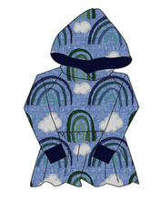 Load image into Gallery viewer, Soft Blue Rainbows Peplum Hoodie (or Crewneck)