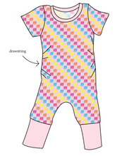 Load image into Gallery viewer, Cupcake Scribble Checks Grow With Me Pants And Shorts Romper