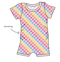 Load image into Gallery viewer, Cupcake Scribble Checks Grow With Me Pants And Shorts Romper