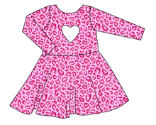 Load image into Gallery viewer, Pink Glitter Leopard Molly Heart Back Twirly Dress