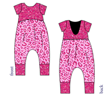 Load image into Gallery viewer, Pink Glitter Leopard Low Back Romper and Bubble Romper