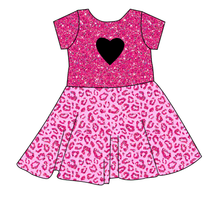 Load image into Gallery viewer, Pink Glitter Leopard Molly Heart Back Twirly Dress