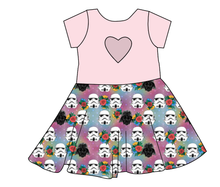 Load image into Gallery viewer, Floral Space Troopers Molly Heart Back Twirly Dress