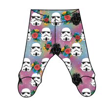 Load image into Gallery viewer, Floral Space Troopers Newborn Footed Pants