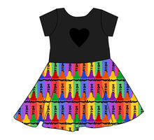 Load image into Gallery viewer, Colourful Crayons Molly Heart Back Twirly Dress