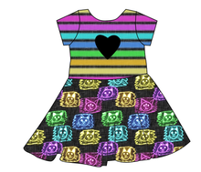 Load image into Gallery viewer, Juniper's Neon Kitties Molly Heart Back Twirly Dress