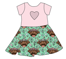 Load image into Gallery viewer, Highland Cows Molly Heart Back Twirly Dress