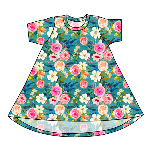 Teal Floral Basic T-Shirt Dress