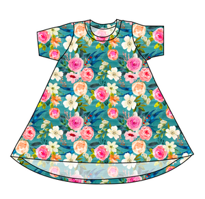 Teal Floral Basic T-Shirt Dress