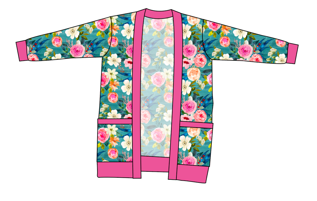 Teal Floral Ladies' Grandpa Cardigan