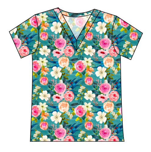 Teal Floral Ladies' Slouchy V-Neck Tee