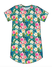 Load image into Gallery viewer, Teal Floral Ladies&#39; T-Shirt Dress