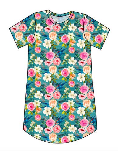 Teal Floral Ladies' T-Shirt Dress
