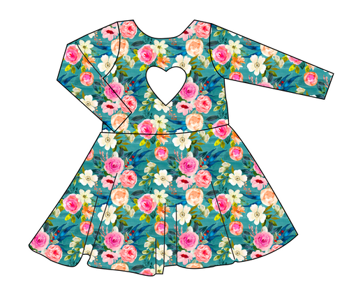 Teal Floral Molly Heart Back Twirly Dress