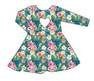 Teal Floral Molly Heart Back Twirly Dress